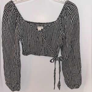 Aeropostale crop top long sleeve black white‎ checked ruched back sz XSMALL